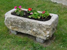Alter Wassertrog aus Naturstein als Blumenkuebel